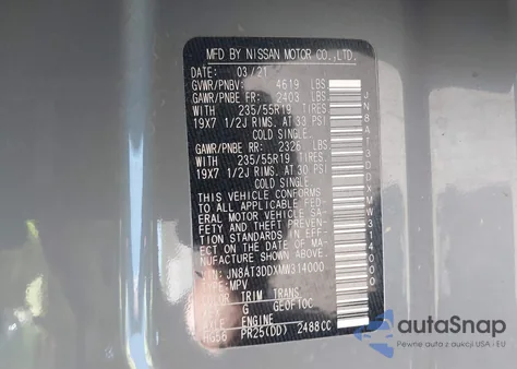 2021 Nissan Rogue Platinum Intelligent Awd из США, поврежденный, VIN JN8AT3DDXMW314000